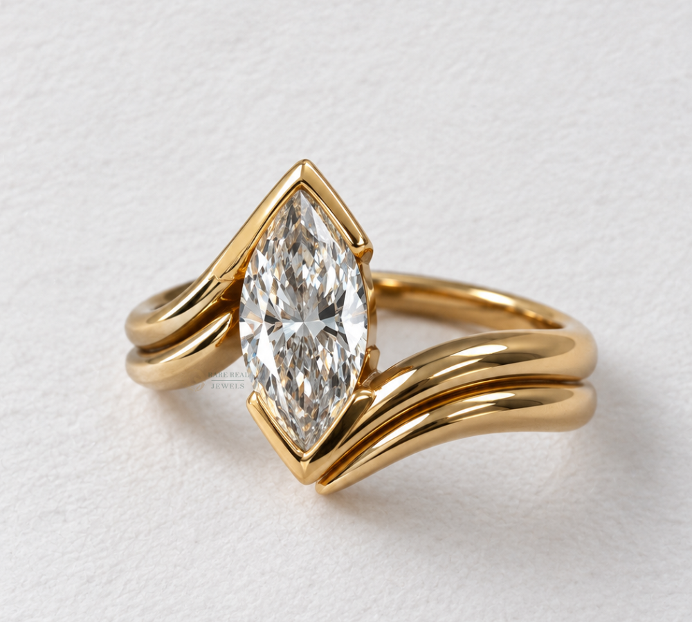 Marquise Cut Lab Grown Diamond Ring, Curved Wedding Band Set, Solitaire Engagement Ring, Gold Bridal Ring