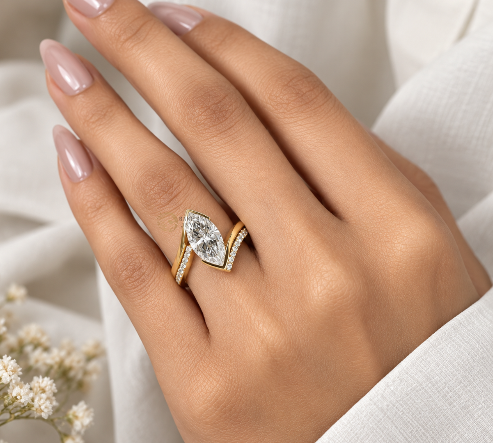 Marquise Cut Lab Grown Diamond Engagement Ring Set, Yellow Gold Bridal Ring, Wrap Wedding Band, Unique Proposal Ring