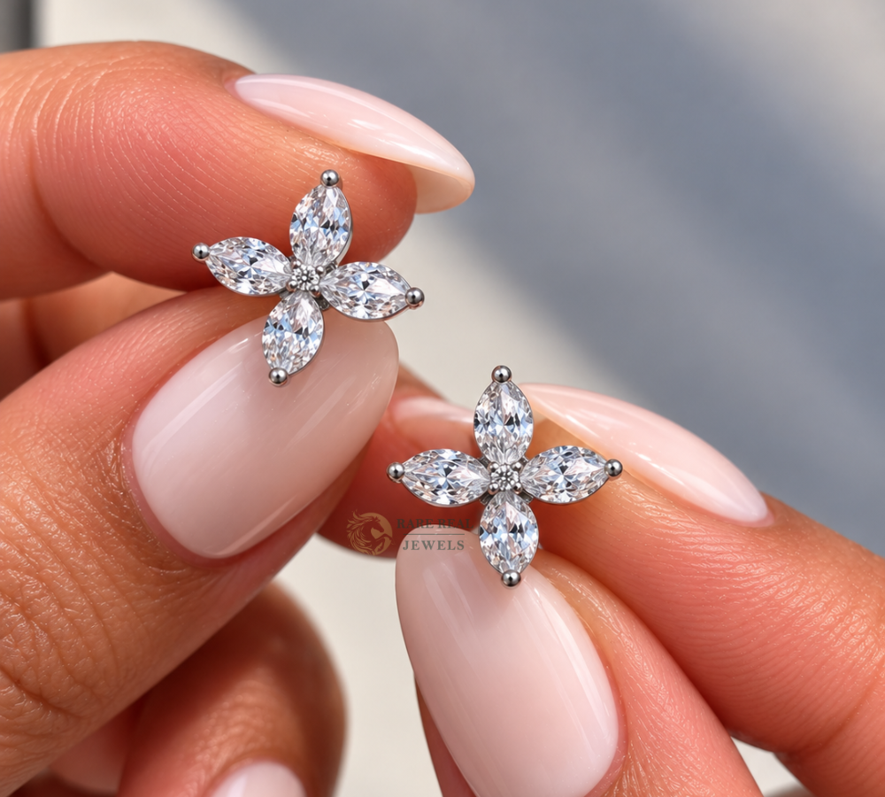 Marquise Cut Lab Grown Diamond Flower Stud Earrings, Floral Diamond Earrings, White Gold Earrings, Gift For Her, Bridal Jewelry