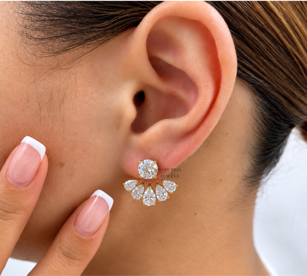 Pear Cut Lab Grown Diamond Jacket Earrings, Round Diamond Stud Earrings, Yellow Gold Bridal Earrings Gift For Her