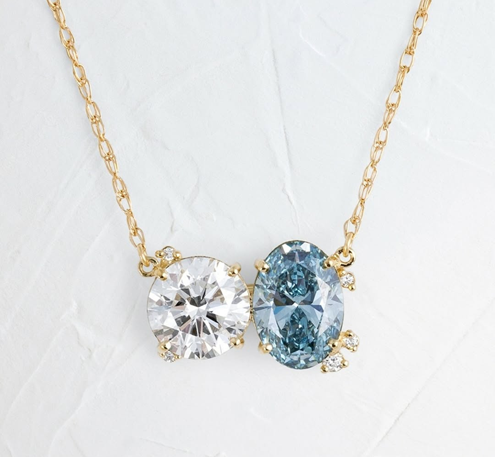 Blue Oval & Round Lab Grown Diamond Necklace, 14K Yellow Gold Two Stone Pendant, Toi Et Moi Necklace, Gift for Her Main image