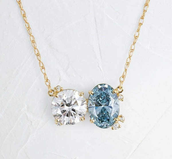 Blue Oval & Round Lab Grown Diamond Necklace, 14K Yellow Gold Two Stone Pendant, Toi Et Moi Necklace, Gift for Her