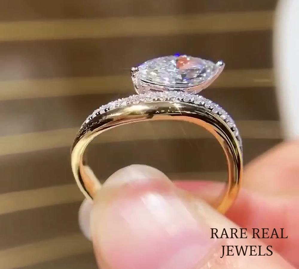 1.50ct Marquise Lab Grwon Diamond Ring: 10K Gold Pave Band Engagement Jewelry