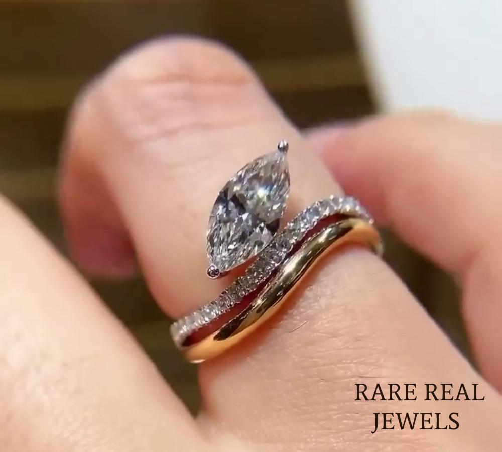 1.50ct Marquise Lab Grwon Diamond Ring: 10K Gold Pave Band Engagement Jewelry