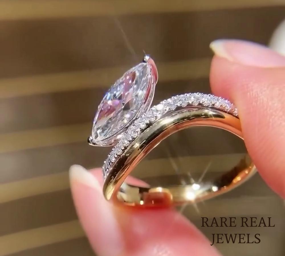 1.50ct Marquise Lab Grwon Diamond Ring: 10K Gold Pave Band Engagement Jewelry