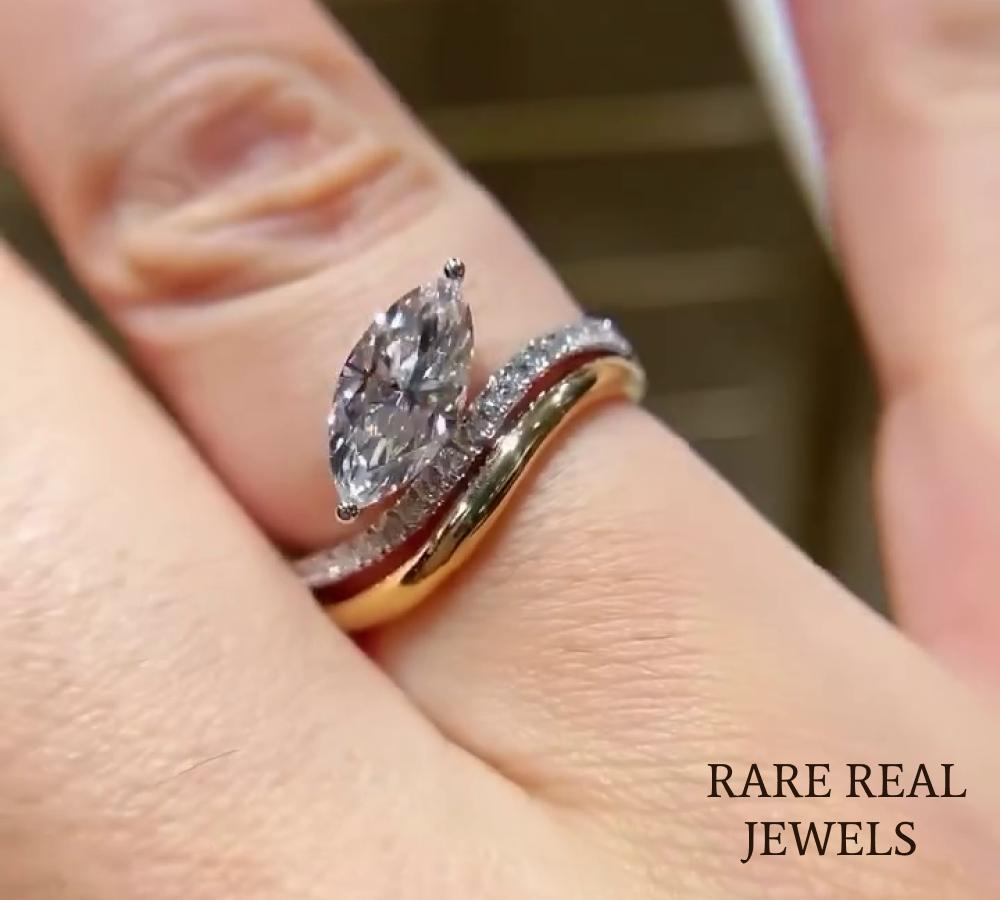 1.50ct Marquise Lab Grwon Diamond Ring: 10K Gold Pave Band Engagement Jewelry