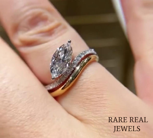 1.50ct Marquise Lab Grwon Diamond Ring: 10K Gold Pave Band Engagement Jewelry