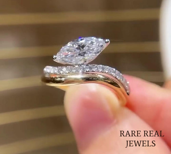 1.50ct Marquise Lab Grwon Diamond Ring: 10K Gold Pave Band Engagement Jewelry