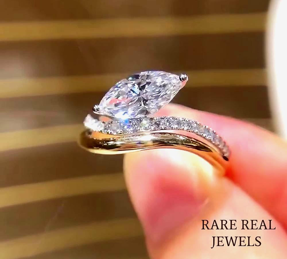 1.50ct Marquise Lab Grwon Diamond Ring: 10K Gold Pave Band Engagement Jewelry