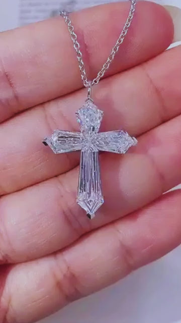 Baguette Lab Grown Diamond Cross Necklace, 10K 14K 18K White Gold Cross Pendant, Christian Gift, Baptism Jewelry For Her