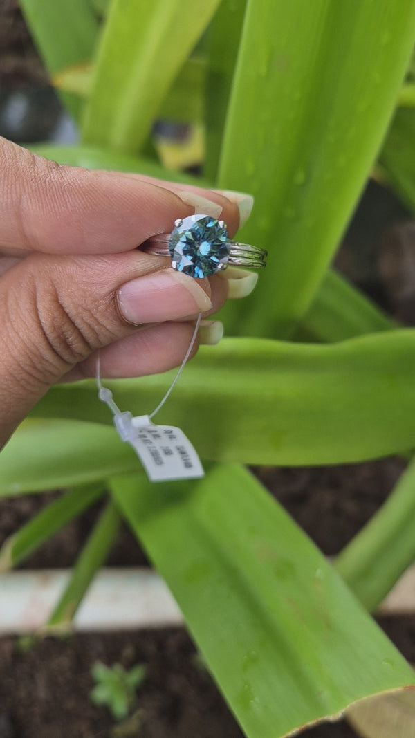 Luxury Round Blue Diamond Solitaire Engagement Ring in 925 Silver  – Classic Four Prong Blue Diamond Ring for Women