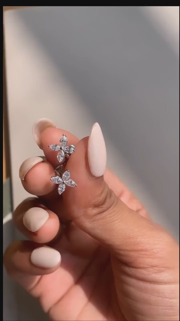 Marquise Cut Lab Grown Diamond Flower Stud Earrings, Floral Diamond Earrings, White Gold Earrings, Gift For Her, Bridal Jewelry