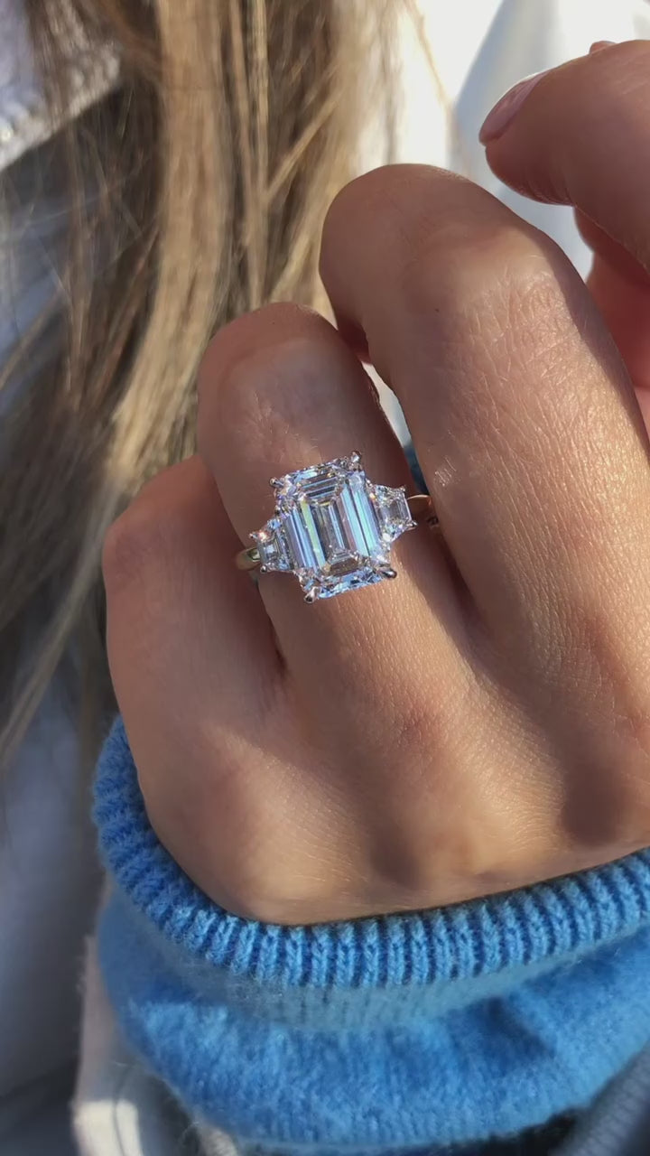 Emerald Cut Lab Grown Diamond Three Stone Engagement Ring, Yellow Gold Step Cut Diamond Ring, Bridal Ring For Her emerald cut