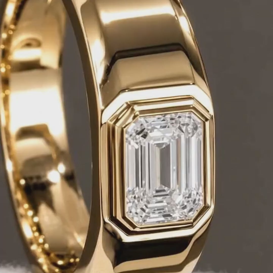 Men's Emerald Cut Diamond Signet Ring, Bezel Set Gold Ring, Lab Grown Diamond Wedding Band for Him