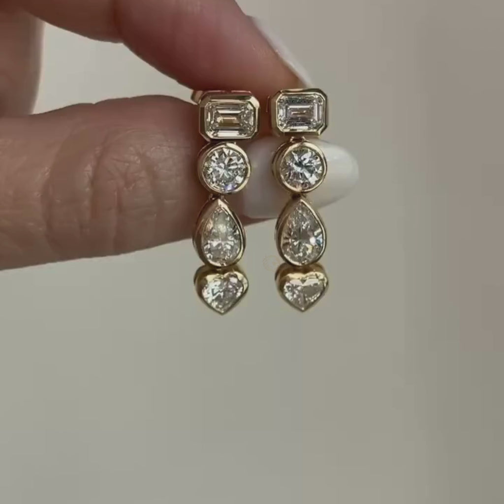 Multi Shape Diamond Drop Earrings, Emerald Pear Heart Round Dangle Earrings, Gold Statement Jewelry, Elegant Gift for Her
