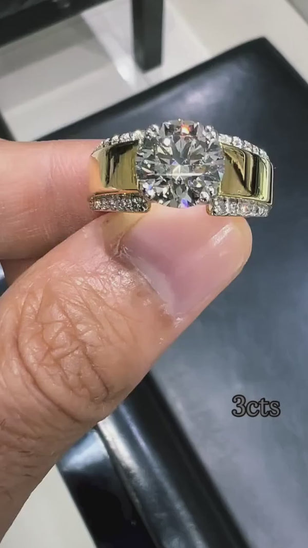 3.00CT Round Lab Diamond Men's Ring, Yellow Gold Statement Wedding Band
