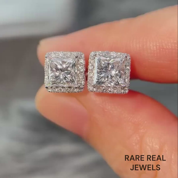 Moissanite Princess Cut Stud Earrings: White Gold Halo, Push Back