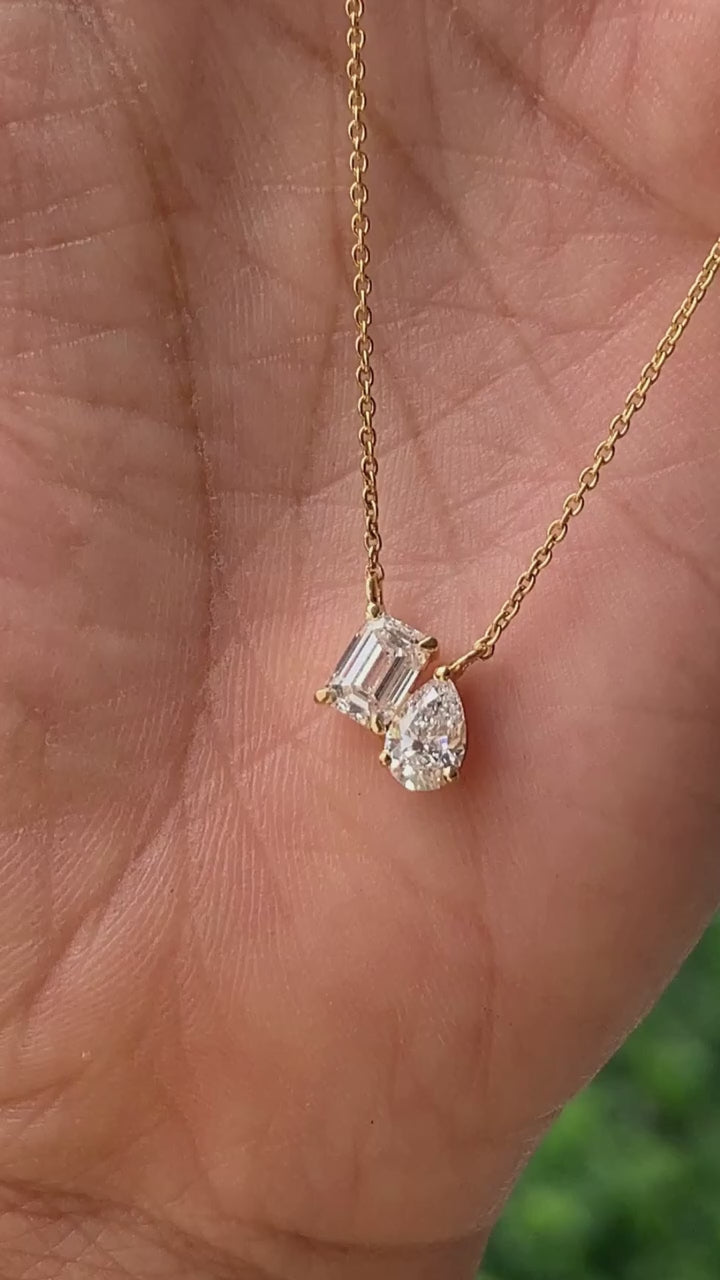 Emerald & Pear Cut Lab Grown Diamond Necklace, Two Stone Diamond Pendant, Yellow Gold Minimalist Necklace For Her
