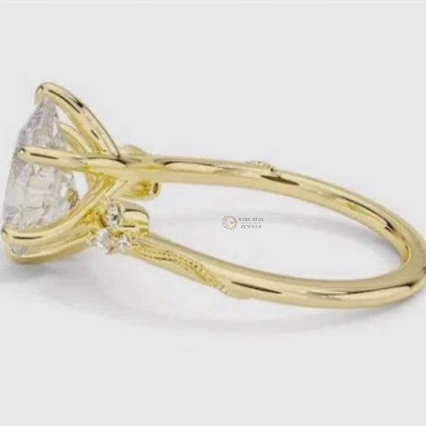 Pear Cut Engagement Ring with Side Stones, Unique Bridal Ring, Vintage Inspired Promise Ring