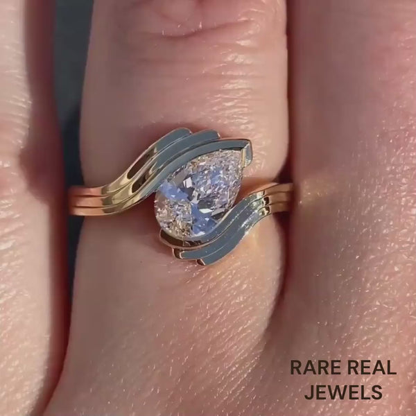 1.00 ct Pear Lab Grown Diamond Yellow Gold Half Bezel Engagement Ring
