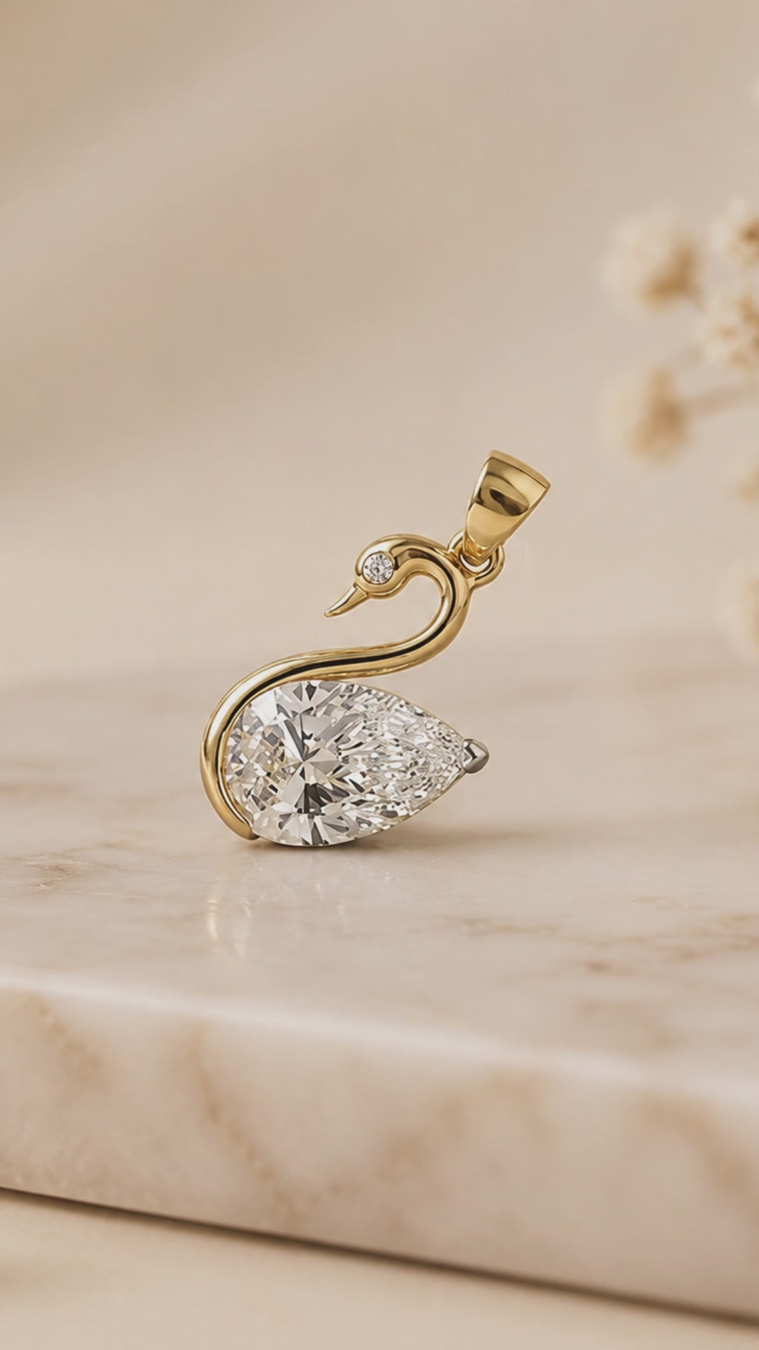 Pear Cut Lab Grown Diamond Swan Pendant, Lab Created Diamond Solitaire Pendant, Yellow Gold Pendant, Gift For Her