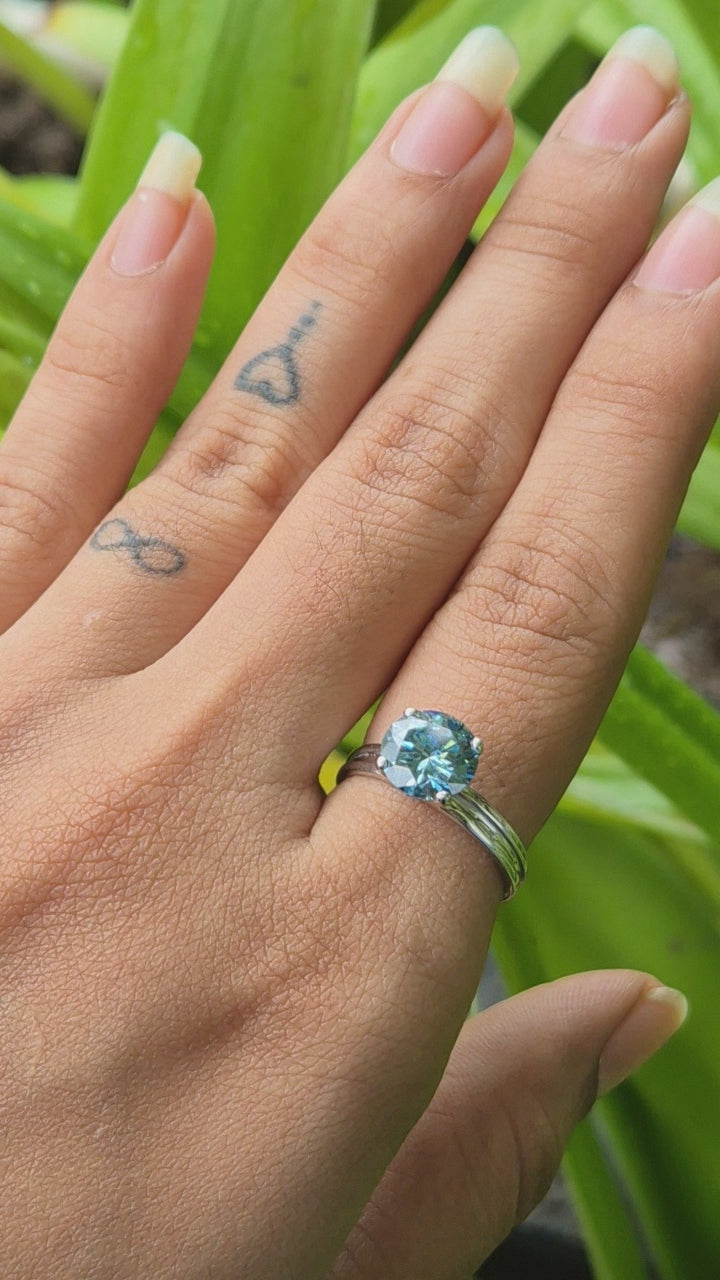 Luxury Round Blue Diamond Solitaire Engagement Ring in 925 Silver  – Classic Four Prong Blue Diamond Ring for Women