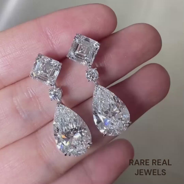 Lab Grown Diamond Drop Earrings, 14K White Gold, Asscher & Pear Cut