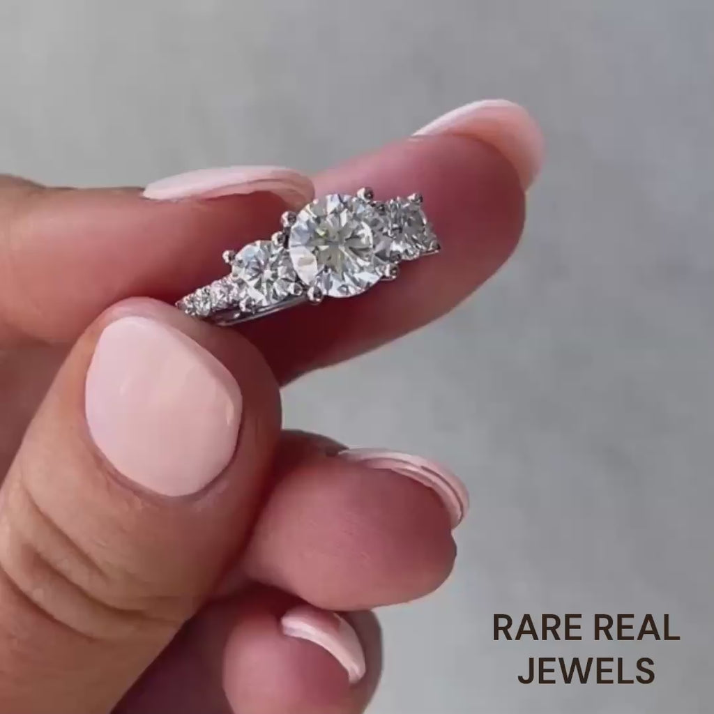 2.00ct Round Lab Grown Diamond Three Stone Pave Setting Engagement Ring mom's gift