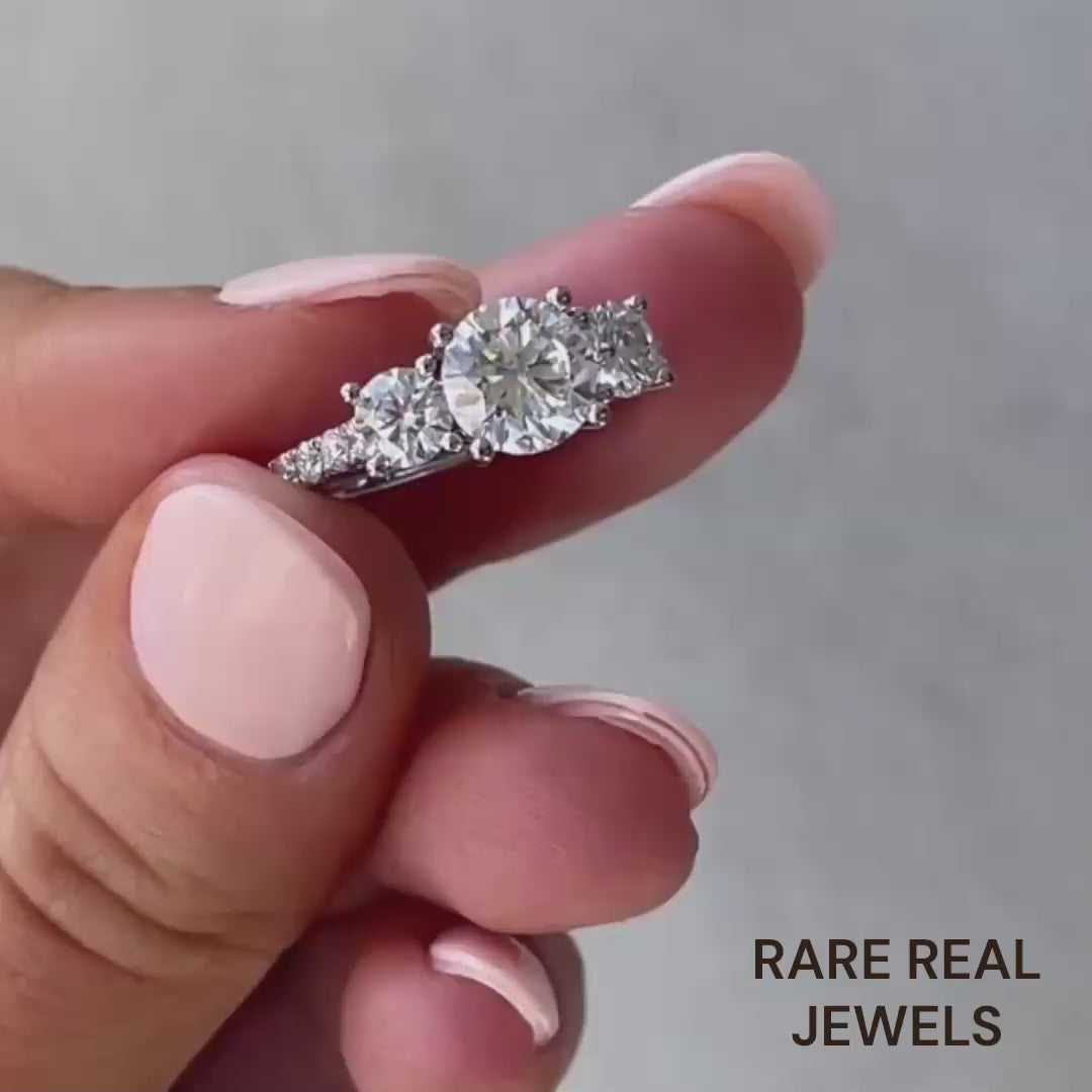 2.00ct Round Lab Grown Diamond Three Stone Pave Setting Engagement Ring mom's gift