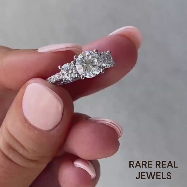 2.00ct Round Lab Grown Diamond Three Stone Pave Setting Engagement Ring mom's gift
