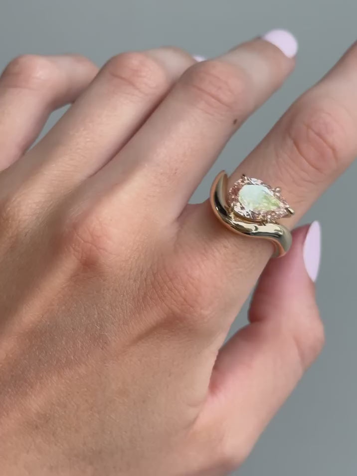 Pear Cut Lab Grown Diamond Engagement Ring, Yellow Gold Bypass Solitaire Ring, Modern Bridal Ring, Unique Proposal Ring