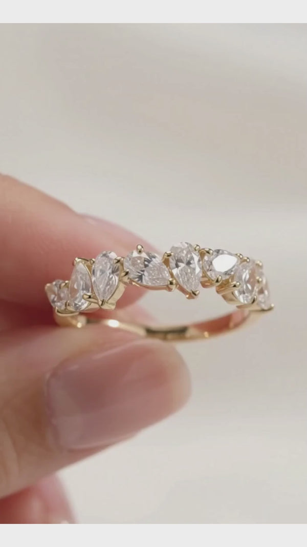 Pear Marquise Diamond Band Ring, Mixed Cut Eternity Ring, Curved Wedding Band, Dainty Anniversary Ring, Unique Stackable Ring for Her