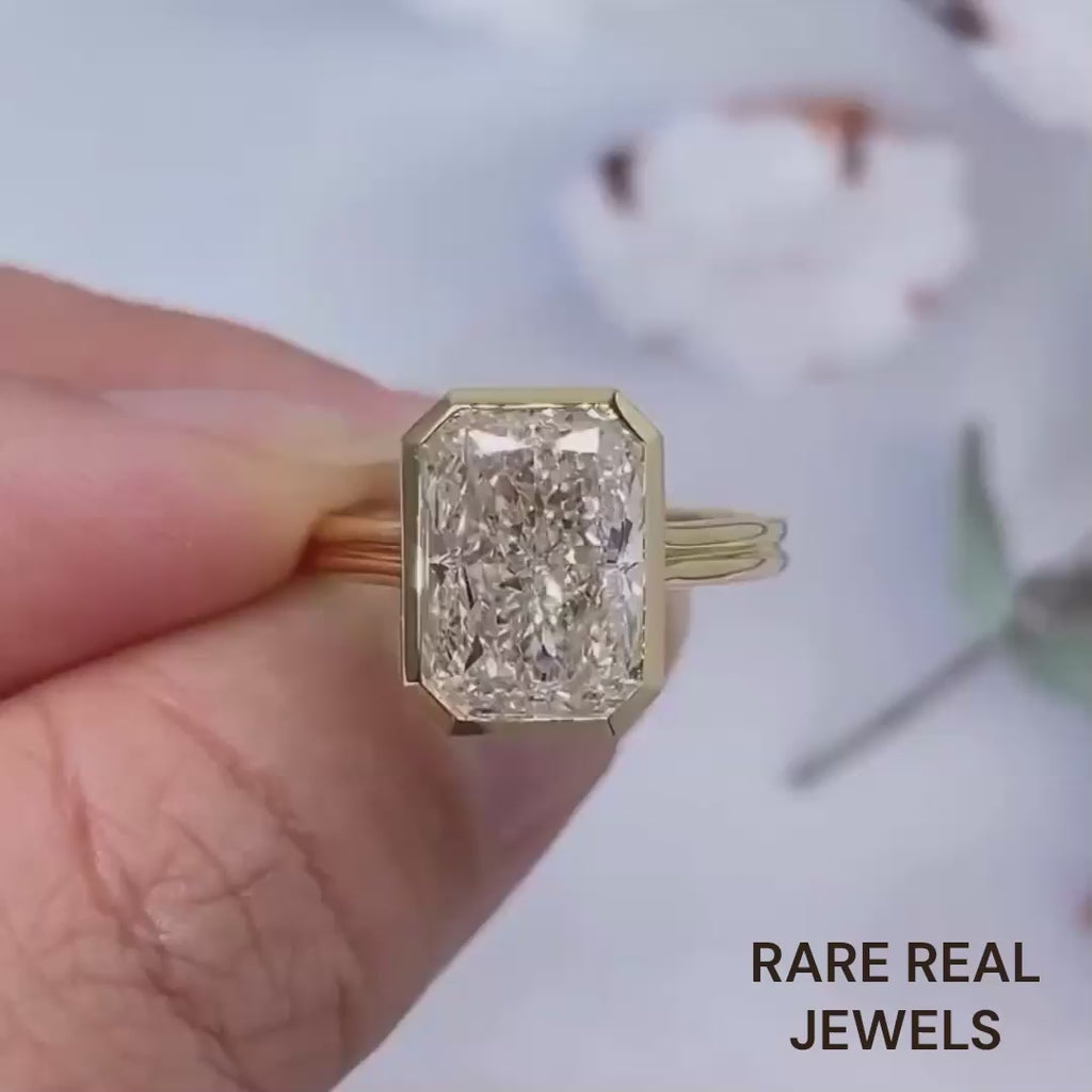 4.00CT Radiant Lab Grown Diamond Ring: Yellow Gold Bezel Trellis Setting