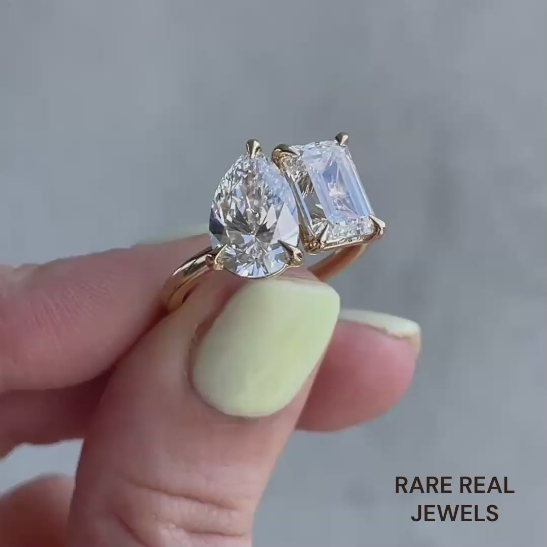 3.50CT Pear & Emerald Lab Grown Diamond Toi et Moi Yellow Gold Ring