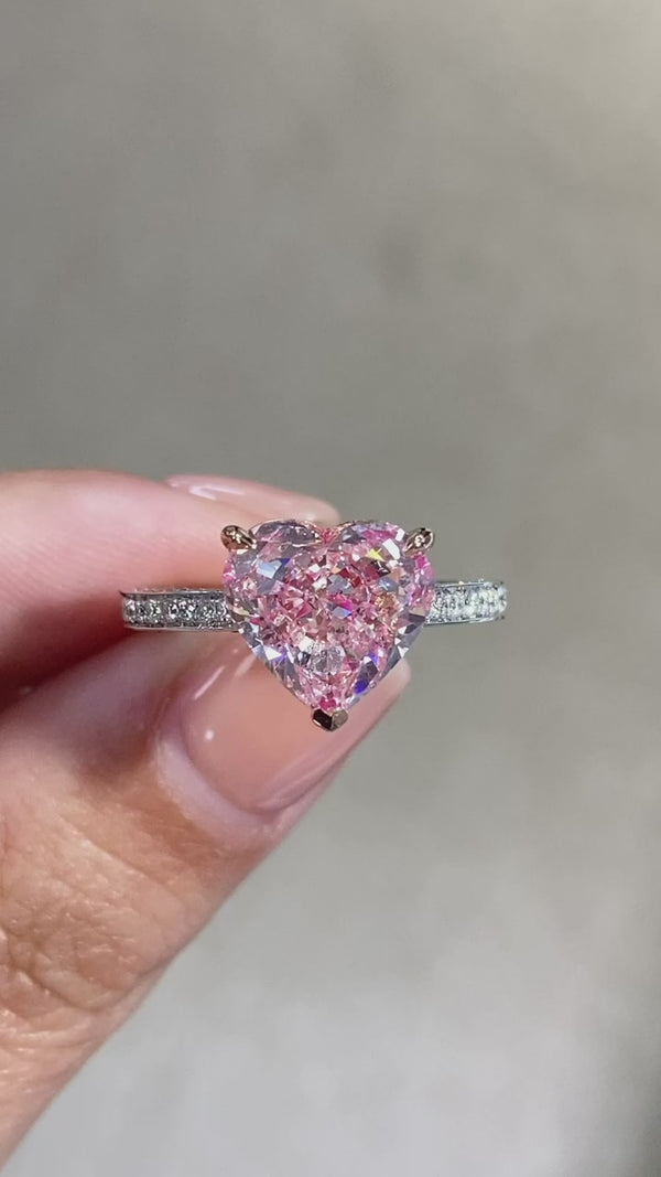 Heart Cut Pink Lab Grown Diamond Engagement Ring, Two Tone Gold Pave Band Ring, Romantic Promise Ring For Her Heart Cut Pink Diamond Ring.