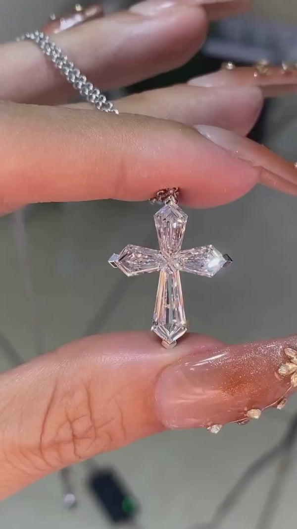 Baguette Lab Grown Diamond Cross Necklace: 14K White Gold Pendant