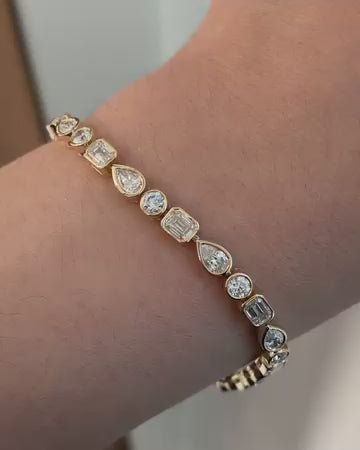 Multi Shape Lab Diamond Tennis Bracelet, 14K Yellow Gold Bezel Bracelet, Diamond Bracelet for Women, Anniversary Gift Main image