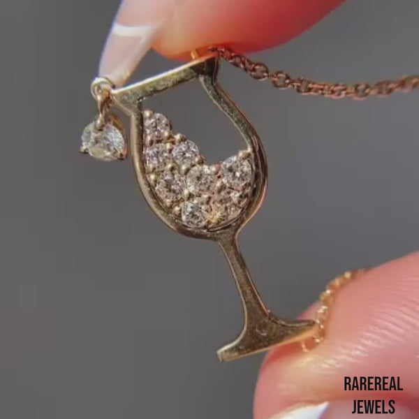 Wine Glass Diamond Pendant Necklace | 14K Yellow Gold | Adjustable 15”–17” | Dainty Celebration Jewelry,Lab Diamond Necklace