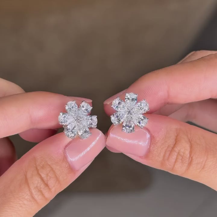 Flower Lab Grown Diamond Stud Earrings, Pear Cut Floral Cluster Earrings, White Gold Diamond Earrings Gift For Her