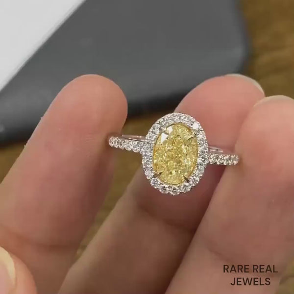 1.50CT Oval Yellow Lab Grown Diamond Engagement Ring: White Gold Halo Pave Setting