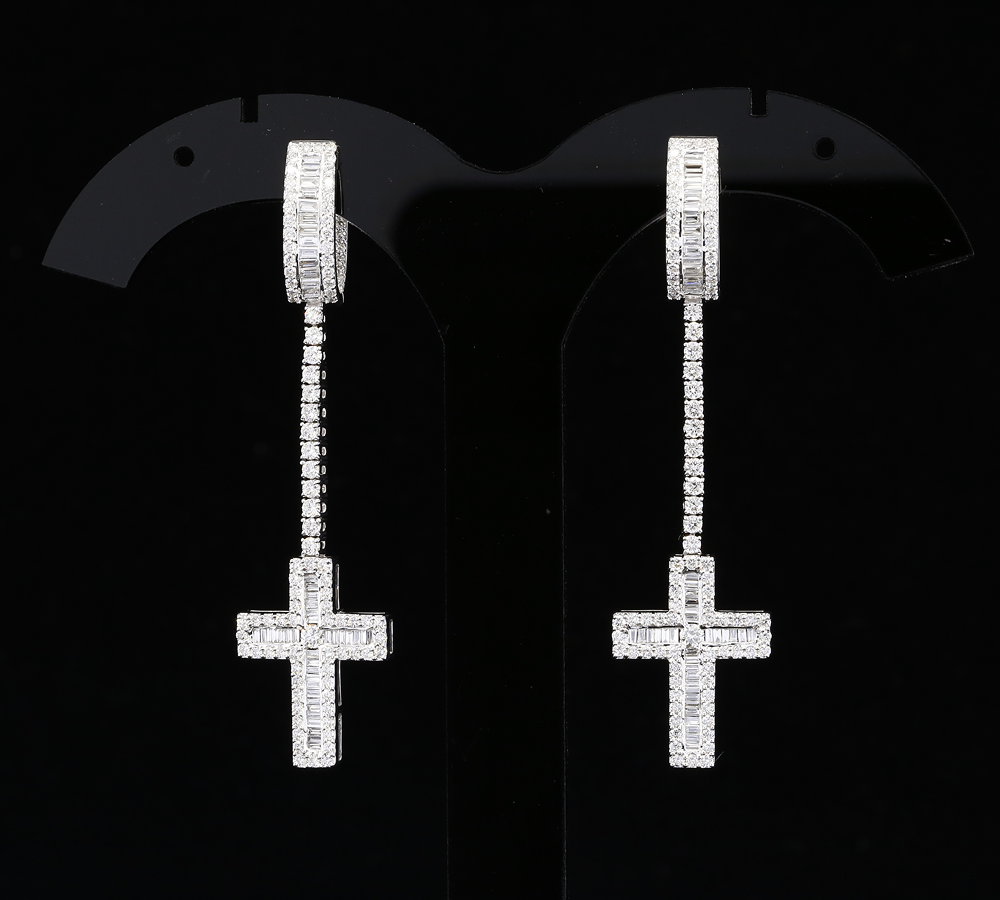 Diamond Cross Drop Earrings, Baguette Diamond Cross Earrings, Long Dangle Earrings, Diamond Hoop Earrings, Luxury Gift for Her