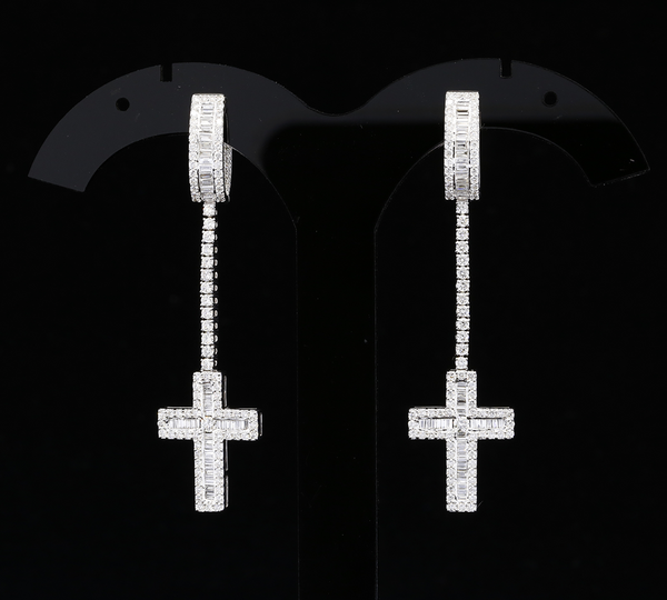 Diamond Cross Drop Earrings, Baguette Diamond Cross Earrings, Long Dangle Earrings, Diamond Hoop Earrings, Luxury Gift for Her