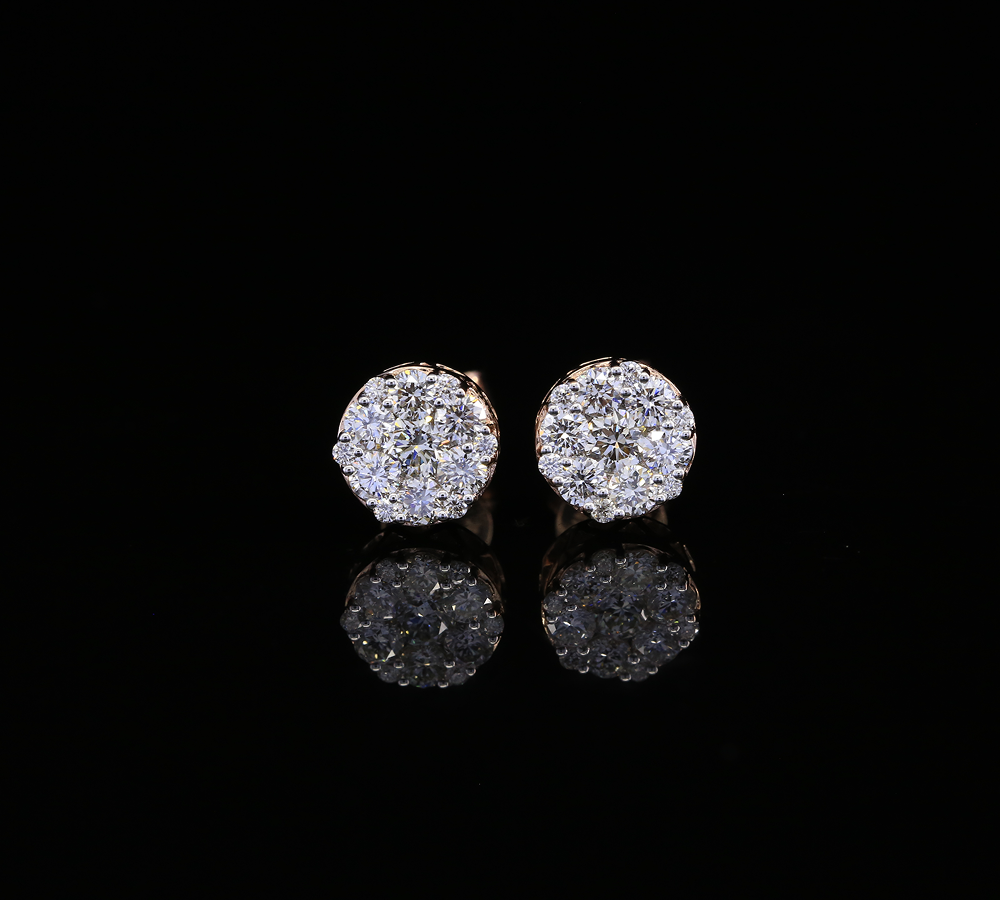 Diamond Cluster Stud Earrings, Round Diamond Floral Earrings, Cluster Diamond Earrings, Luxury Gold Stud Earrings, Gift for Her Main image