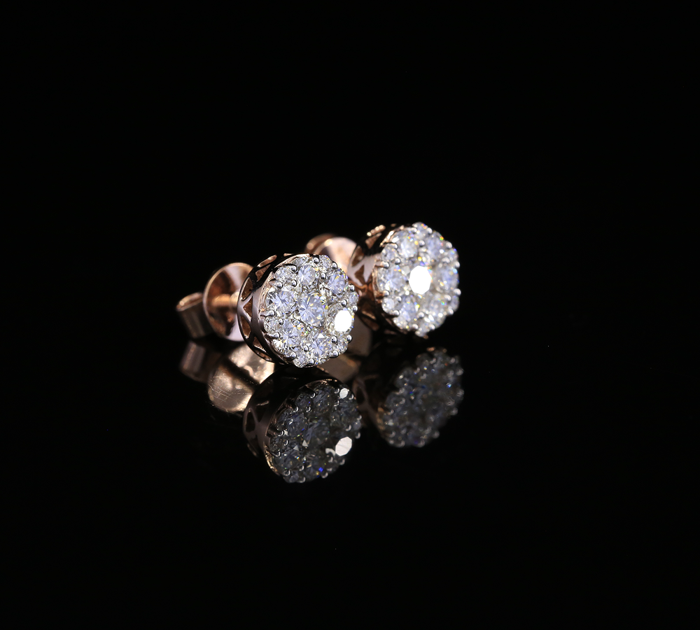 Diamond Cluster Stud Earrings, Round Diamond Floral Earrings, Cluster Diamond Earrings, Luxury Gold Stud Earrings, Gift for Her