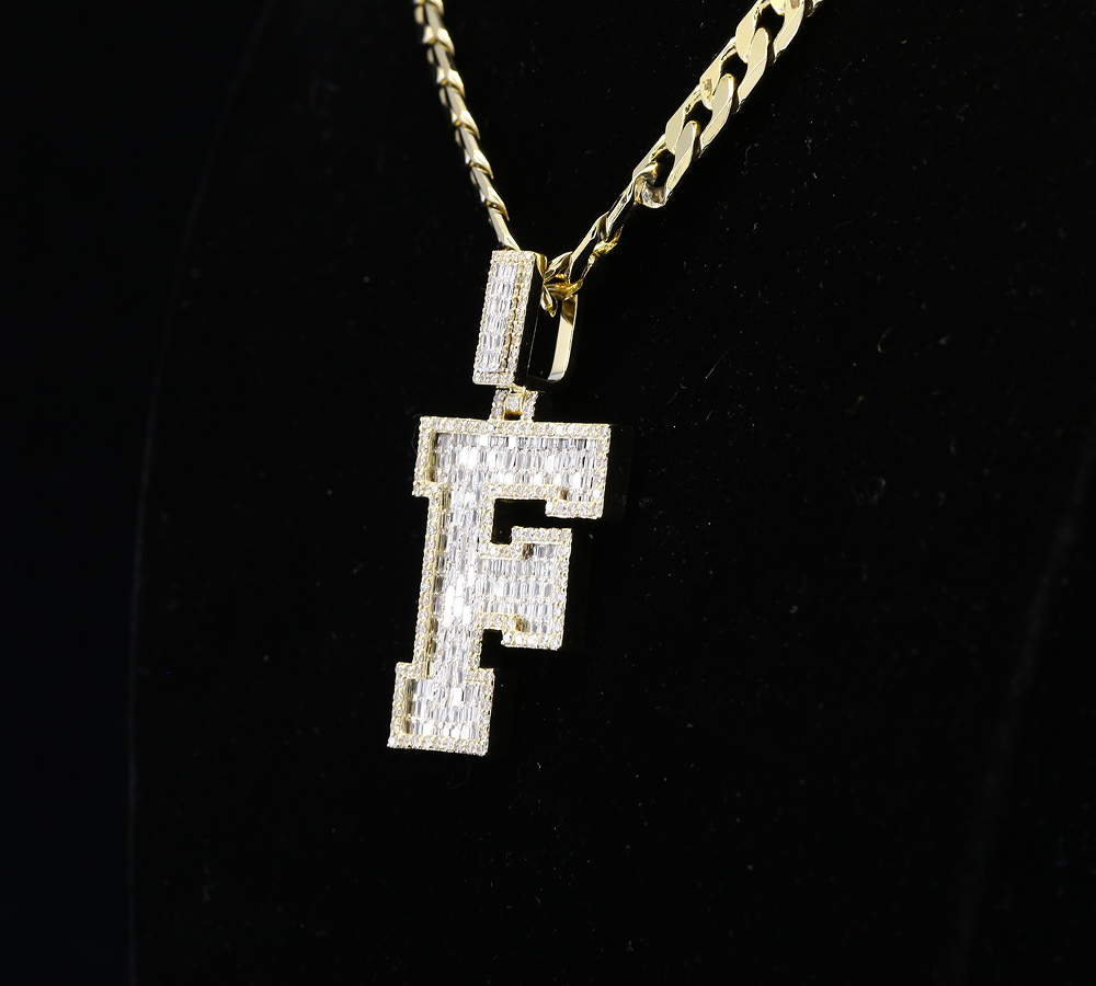 Diamond Letter F Pendant, Baguette Cut Diamond Initial Pendant, Personalized F Pendant, Diamond Initial Charm, Luxury Letter Pendant