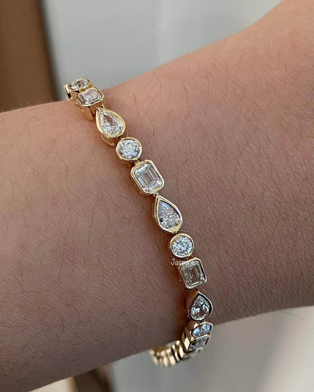 Multi Shape Lab Diamond Tennis Bracelet, 14K Yellow Gold Bezel Bracelet, Diamond Bracelet for Women, Anniversary Gift