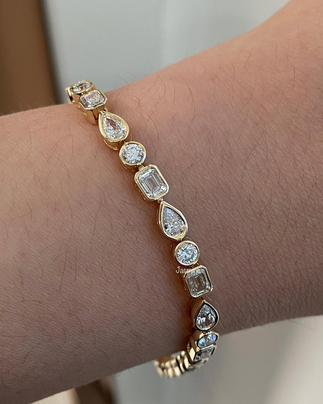 Multi Shape Lab Diamond Tennis Bracelet, 14K Yellow Gold Bezel Bracelet, Diamond Bracelet for Women, Anniversary Gift
