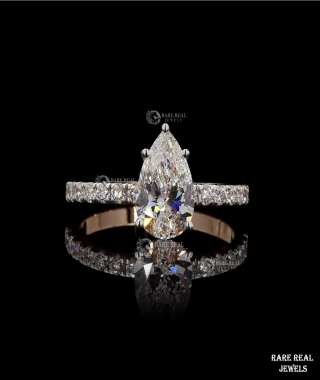 Pear Cut Lab Grown Diamond Engagement Ring: 18K Rose Gold Pavé Band