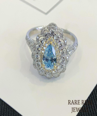 1.00ct Pear Blue Lab Grown Diamond Engagement Ring: White Gold Vintage Triple Halo