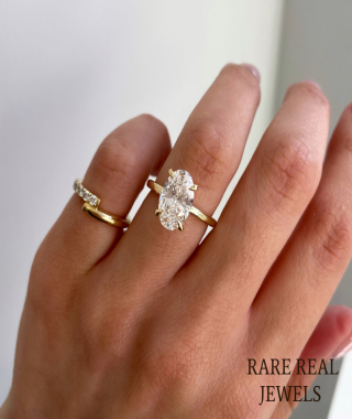 Oval Lab Grown Diamond Engagement Ring Yellow Gold Solitaire with Hidden Halo